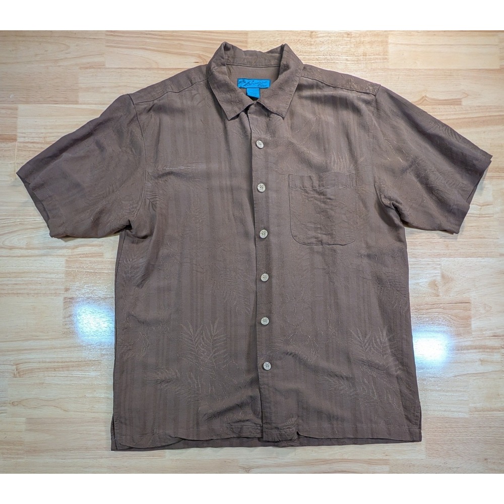 Paradise Blue Mens Large Brown 100% Silk Palm Leaf Jacquard Hawaiian Camp Shirt